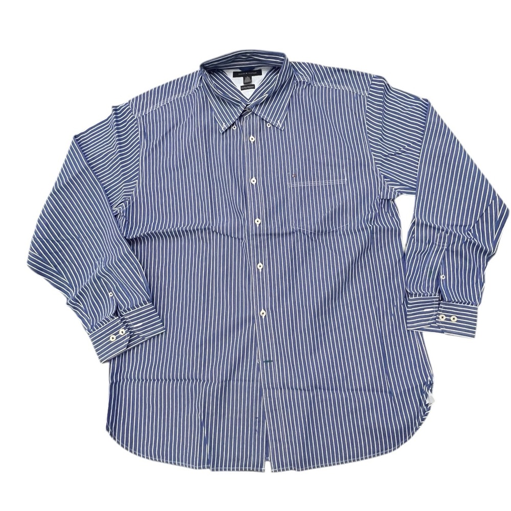 Tommy Hilfiger Button Down Shirt Men's XL Blue Striped Career Two Ply Cotton